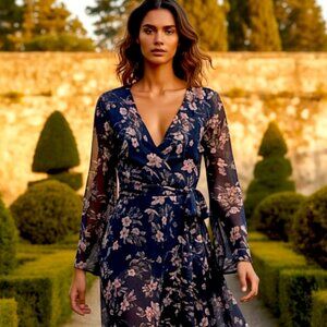 Loveriche rich Navy + Cherry Blossoms Bell Sleeve Dress Faux Wrap Neckline